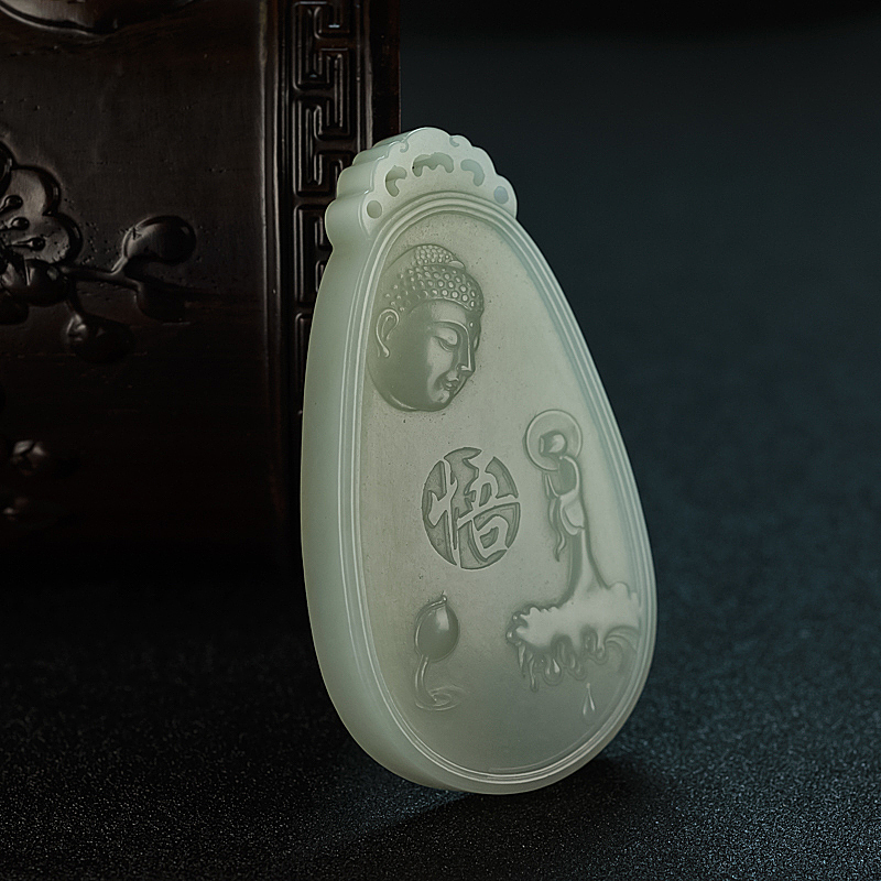 山料和田青白玉悟道吊坠 - 红掌柜