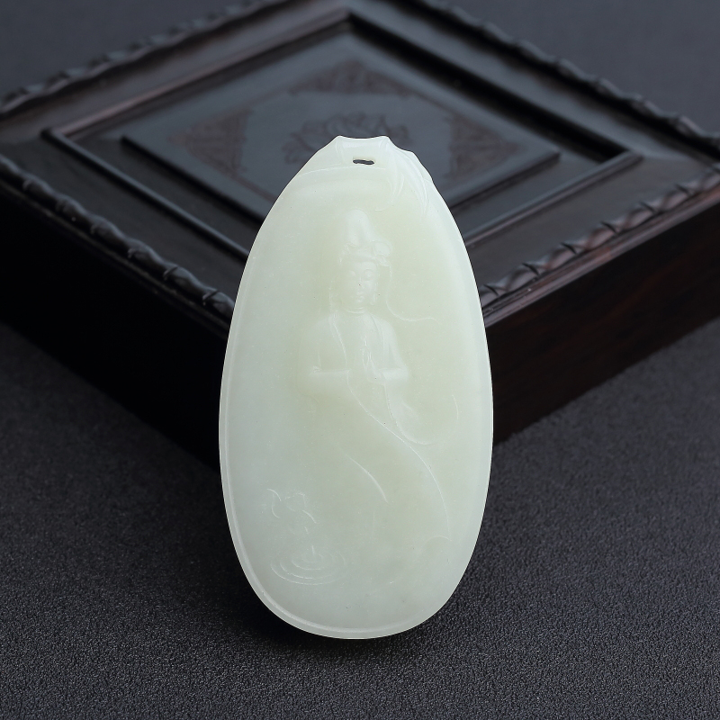 俄罗斯天然山料和田青白玉观音吊坠 - 红掌柜