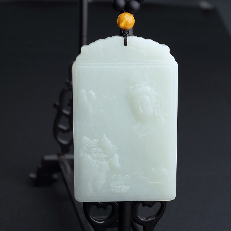 天然山料和田青白玉观音山水手把件 - 红掌柜
