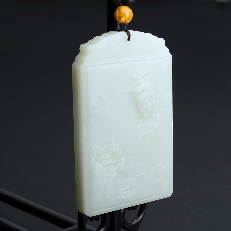 山料和田青白玉观音山水手把件 - 红掌柜