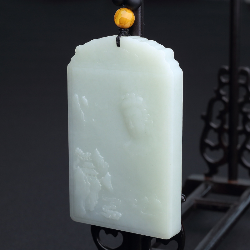 和田青白玉观音山水手把件 - 红掌柜