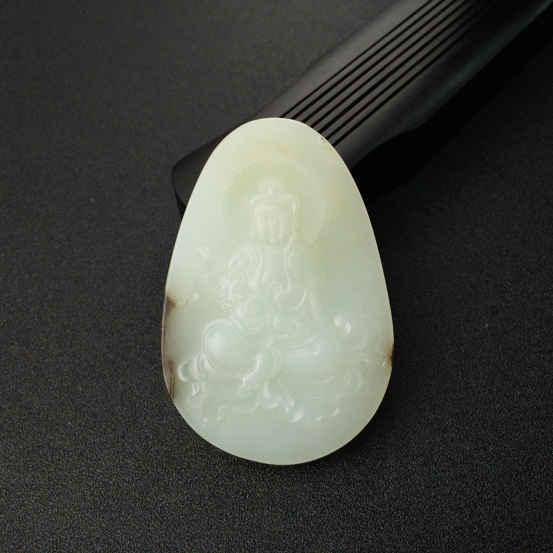 俄罗斯天然俏色和田玉观音吊坠 - 红掌柜