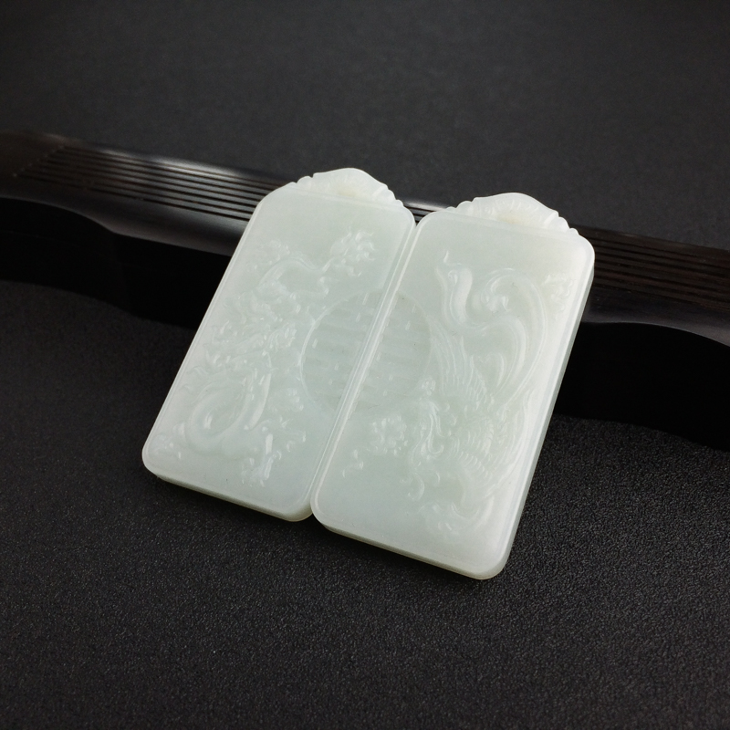 俄料山料青白玉龙凤牌对牌-红掌柜