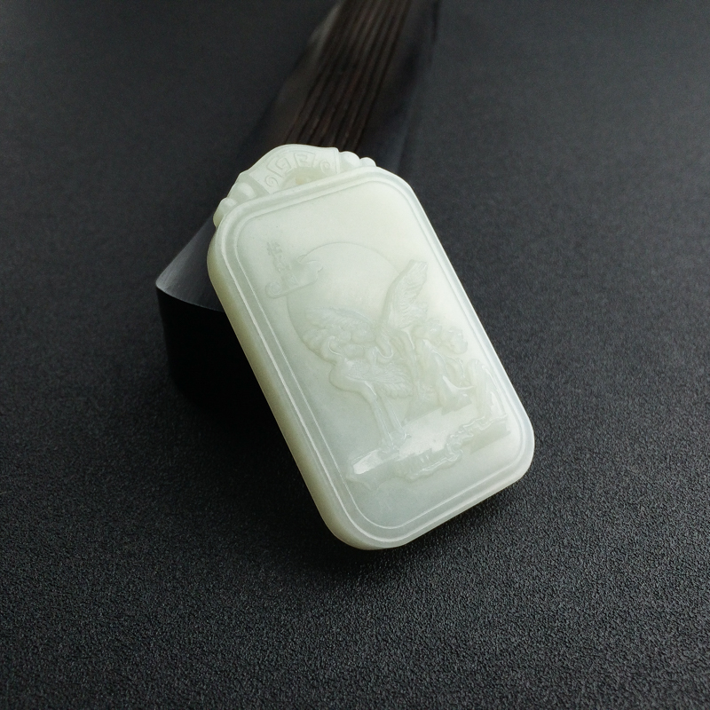 天然山料青白玉松鹤延年吊坠-红掌柜