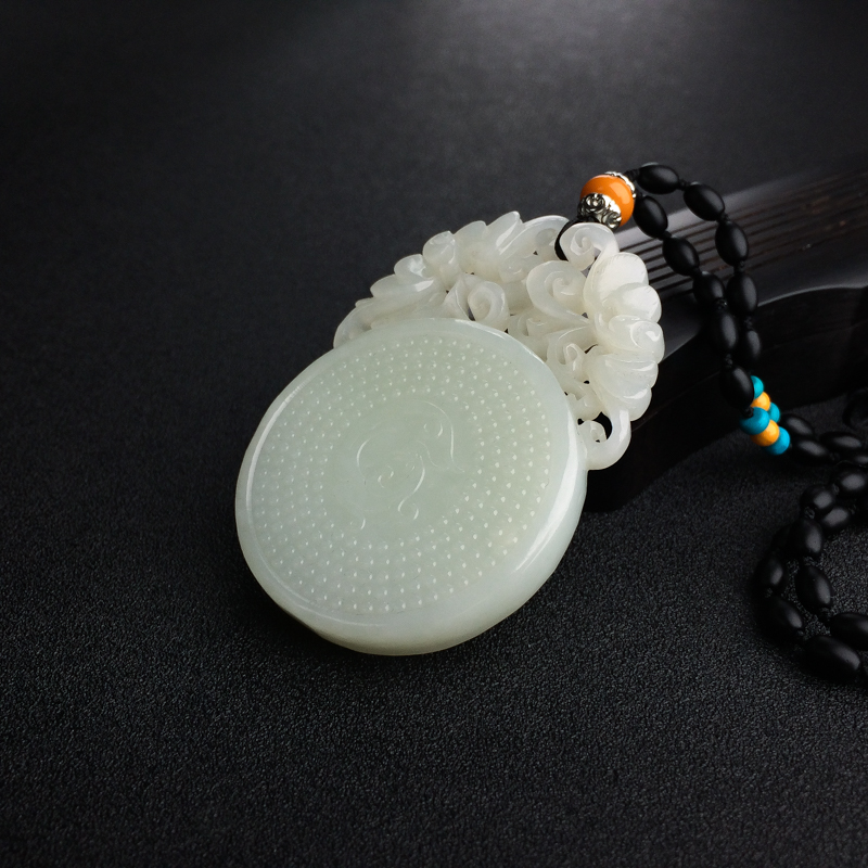 俄料山料青白玉镂雕古龙凤吊坠-红掌柜