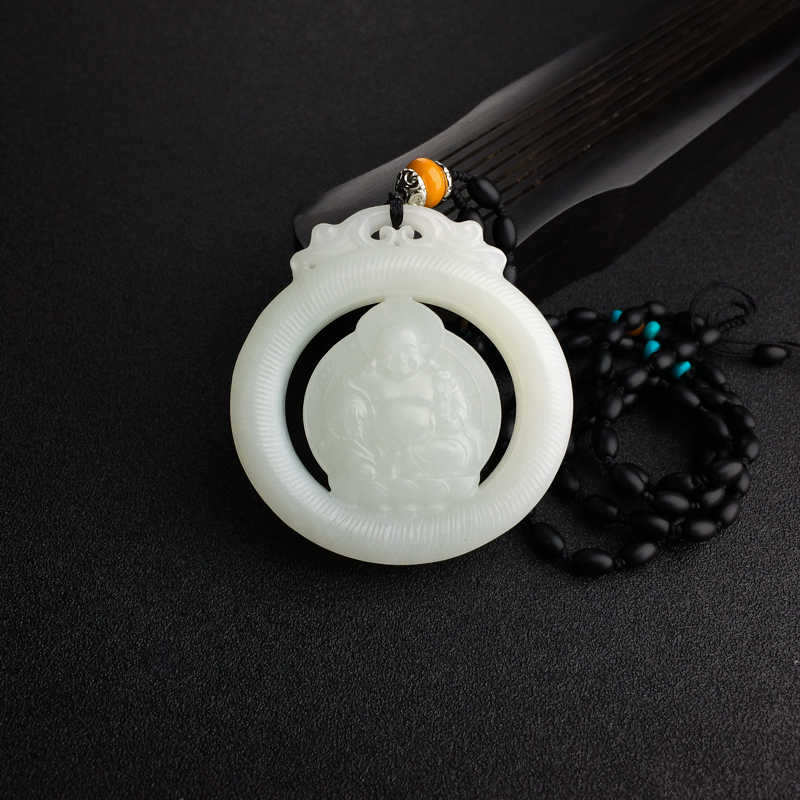 俄料天然山料青白玉镂雕弥勒佛吊坠-红掌柜
