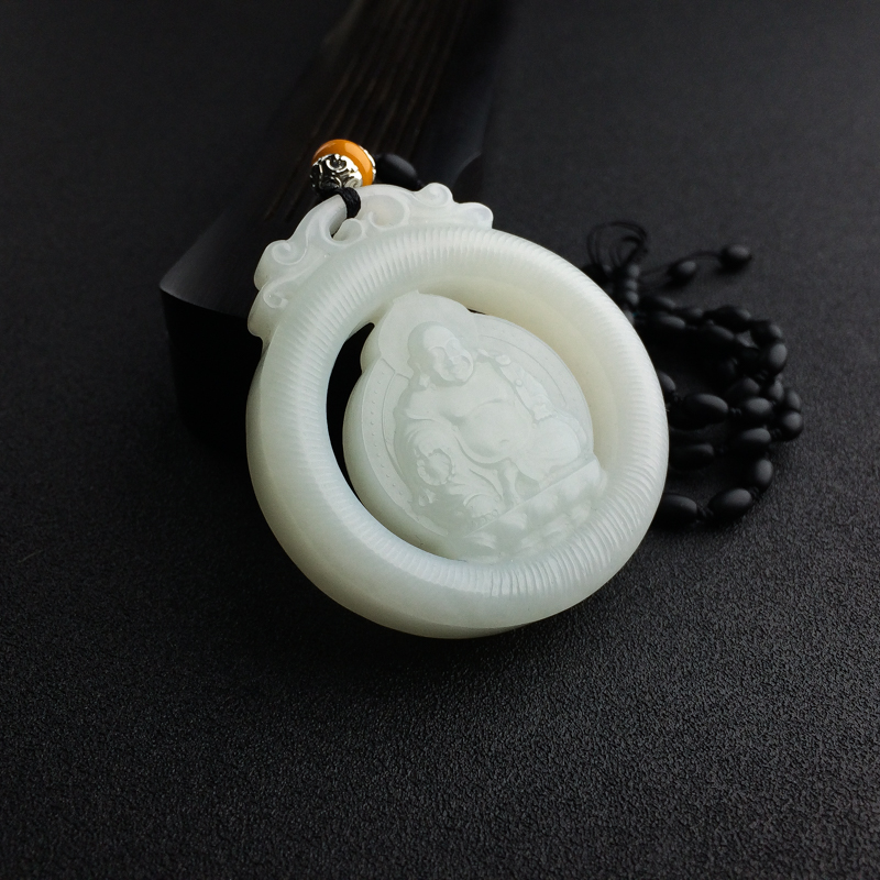 天然山料青白玉镂雕弥勒佛吊坠-红掌柜