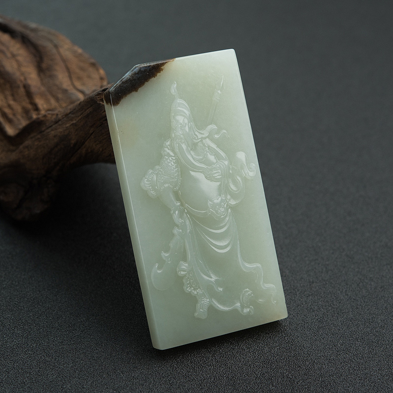 天然山料和田青白玉关公吊坠-红掌柜