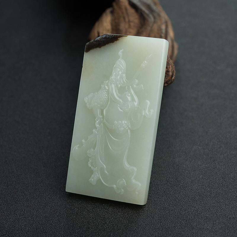 天然山料和田青白玉关公吊坠-红掌柜