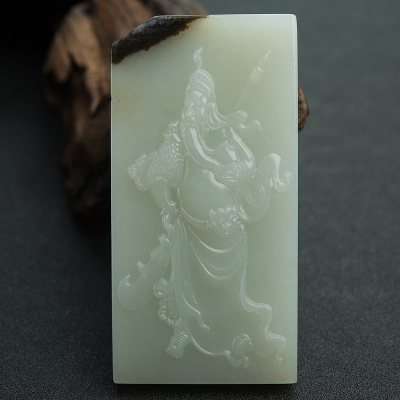 天然山料和田青白玉关公吊坠-红掌柜