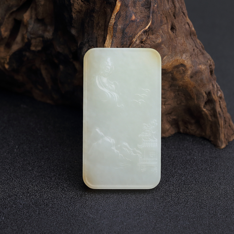 山料俏色和田玉山水意境牌吊坠-红掌柜