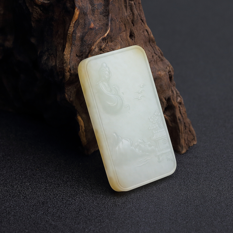 天然山料俏色和田玉山水意境牌吊坠-红掌柜