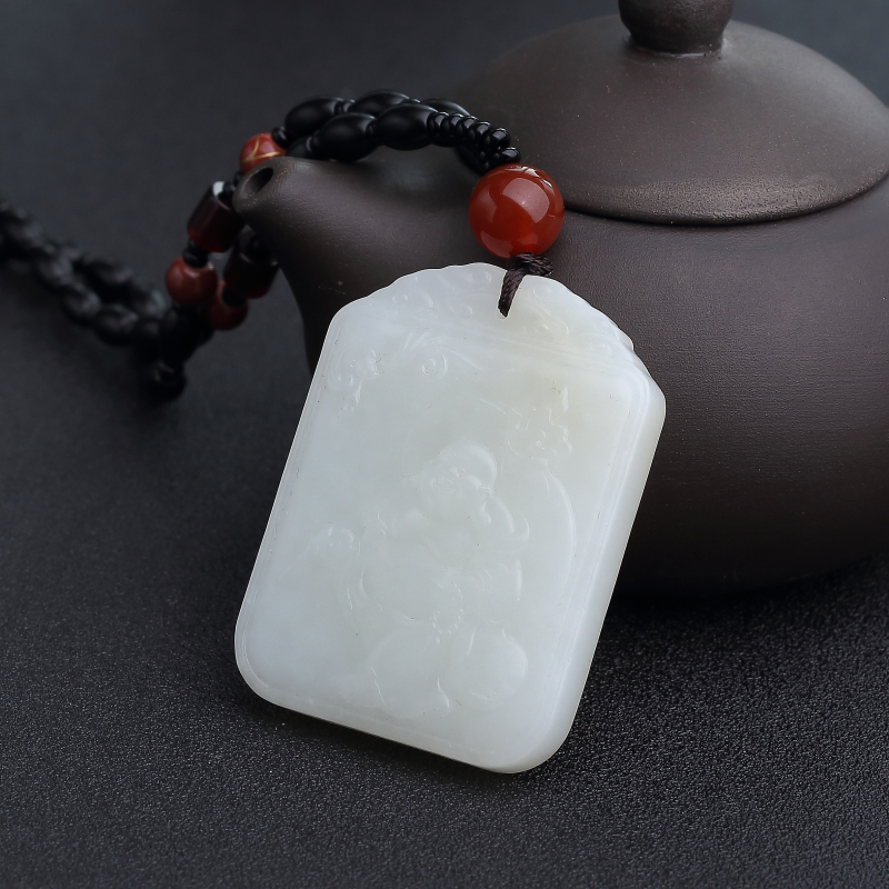 俄罗斯山料和田白玉福在眼前吊坠-红掌柜