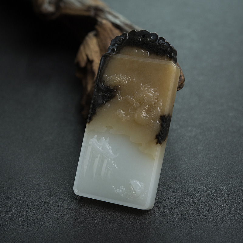 山料和田玉山水意境牌吊坠-红掌柜