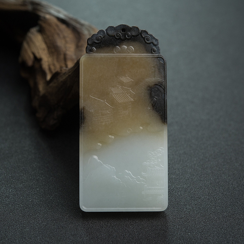 和田玉山水意境牌吊坠-红掌柜