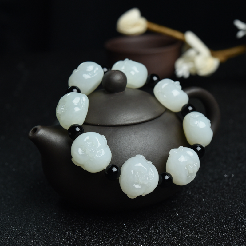 天然山料和田白玉佛头单圈手串-红掌柜