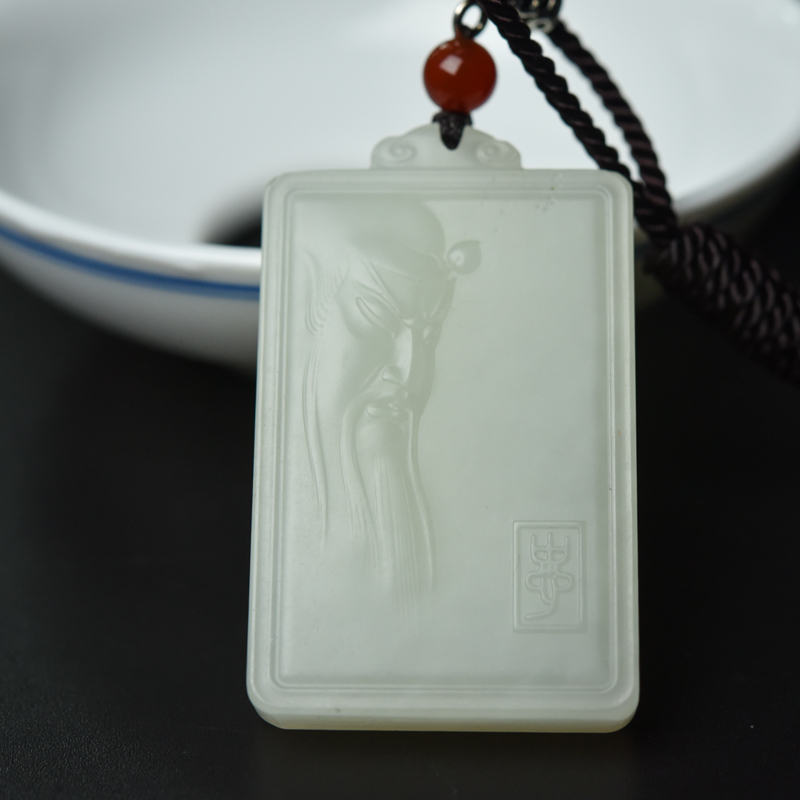 山料天然和田白玉关公吊坠-红掌柜