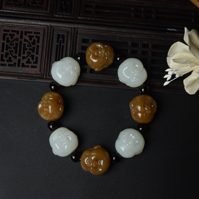俄罗斯和田玉佛头单圈手串-红掌柜