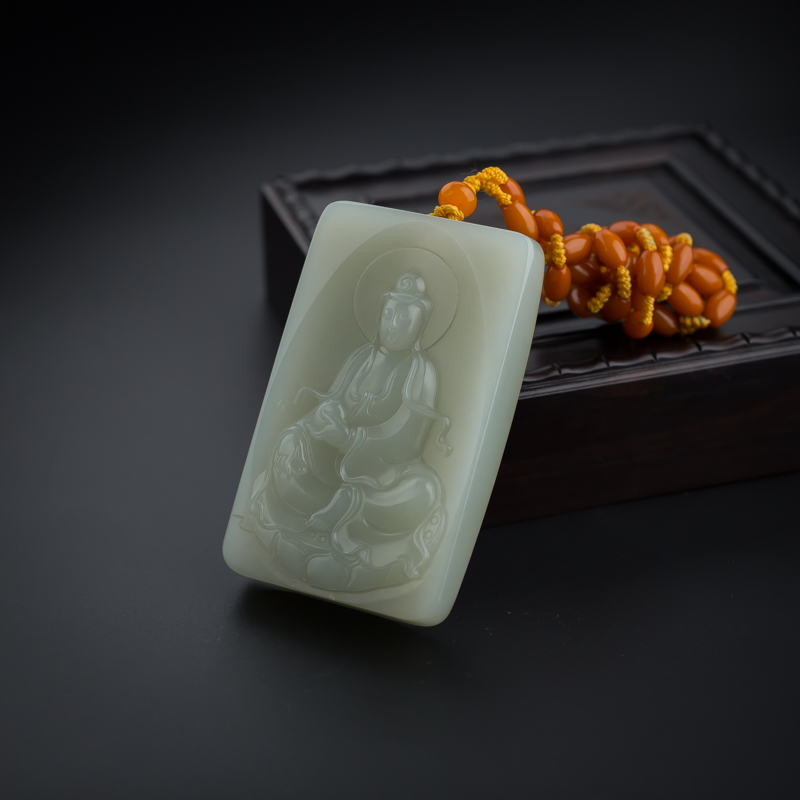 满皮籽料和田玉观音吊坠 - 红掌柜
