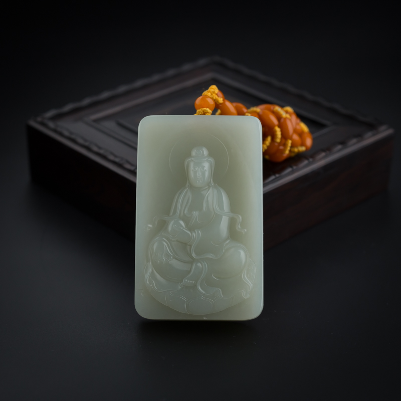 天然新疆满皮籽料和田玉观音吊坠 - 红掌柜