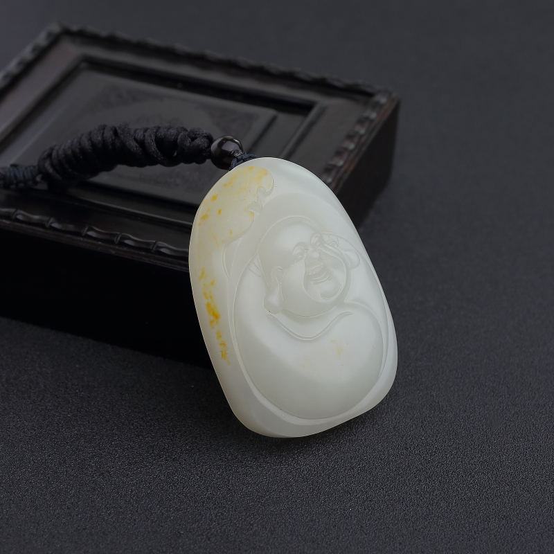 天然和田青白玉弥勒佛吊坠-红掌柜