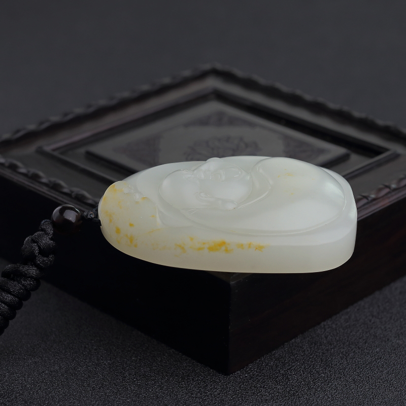 和田青白玉弥勒佛吊坠-红掌柜