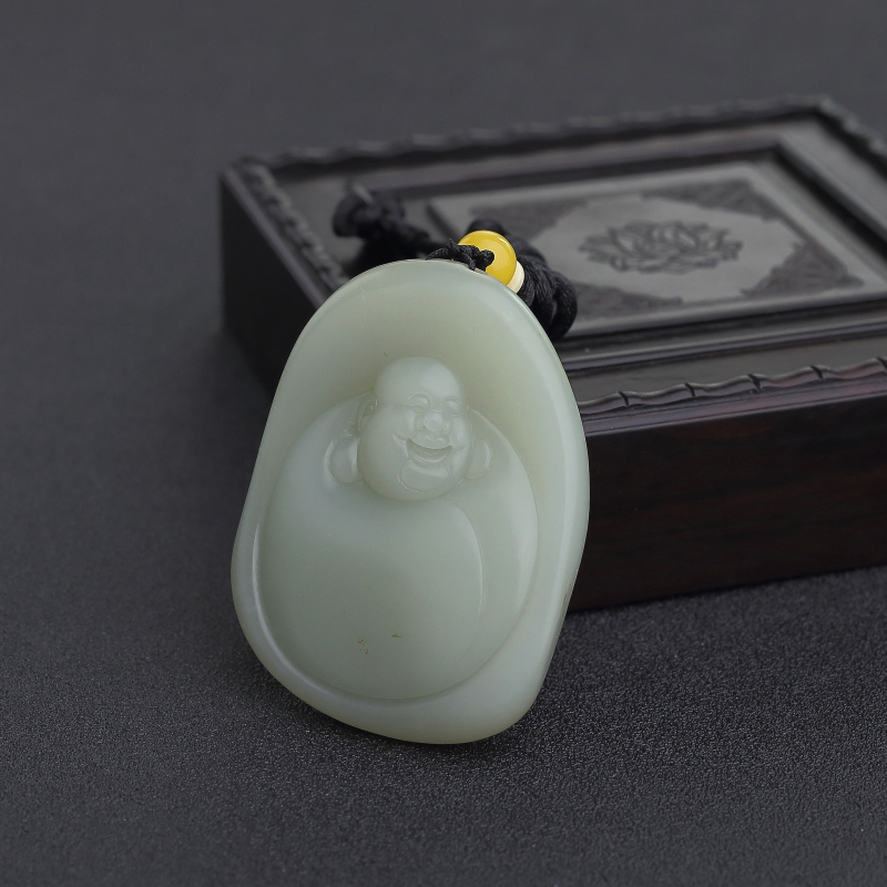 天然籽料青白玉弥勒佛吊坠-红掌柜