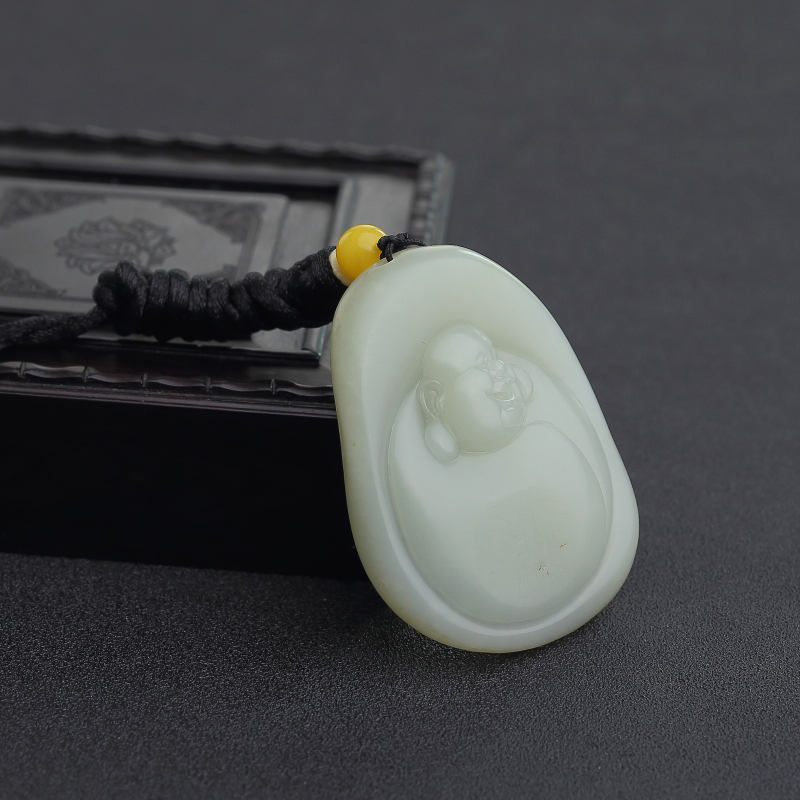 俄罗斯籽料青白玉弥勒佛吊坠-红掌柜