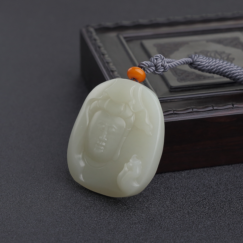 天然籽料和田青白玉观音吊坠-红掌柜