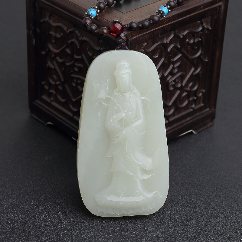 天然新疆籽料和田青白玉观音吊坠 - 红掌柜