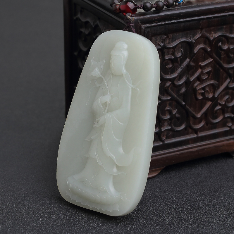 籽料和田青白玉观音吊坠 - 红掌柜