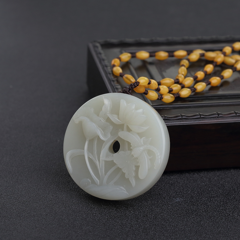 籽料青白玉喜事连连圆牌吊坠 - 红掌柜