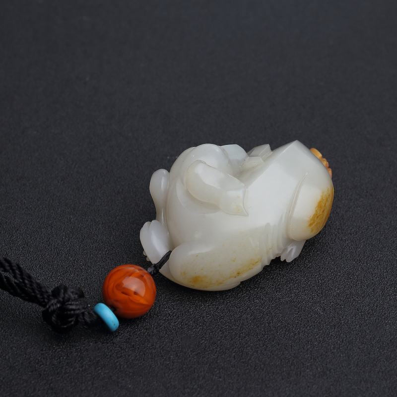 天然籽料和田白玉狗手把件 - 红掌柜