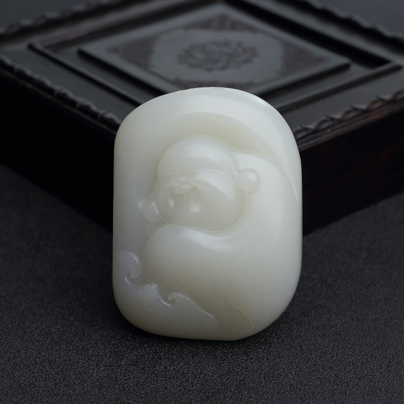 新疆天然籽料和田青白玉弥勒佛手把件 - 红掌柜