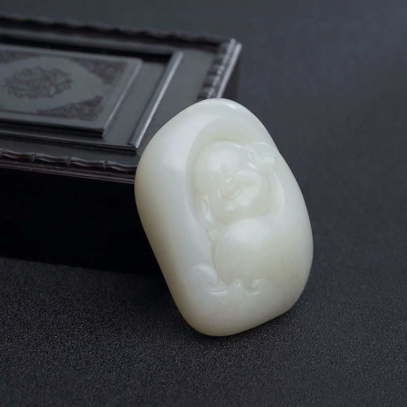 籽料和田青白玉弥勒佛手把件 - 红掌柜