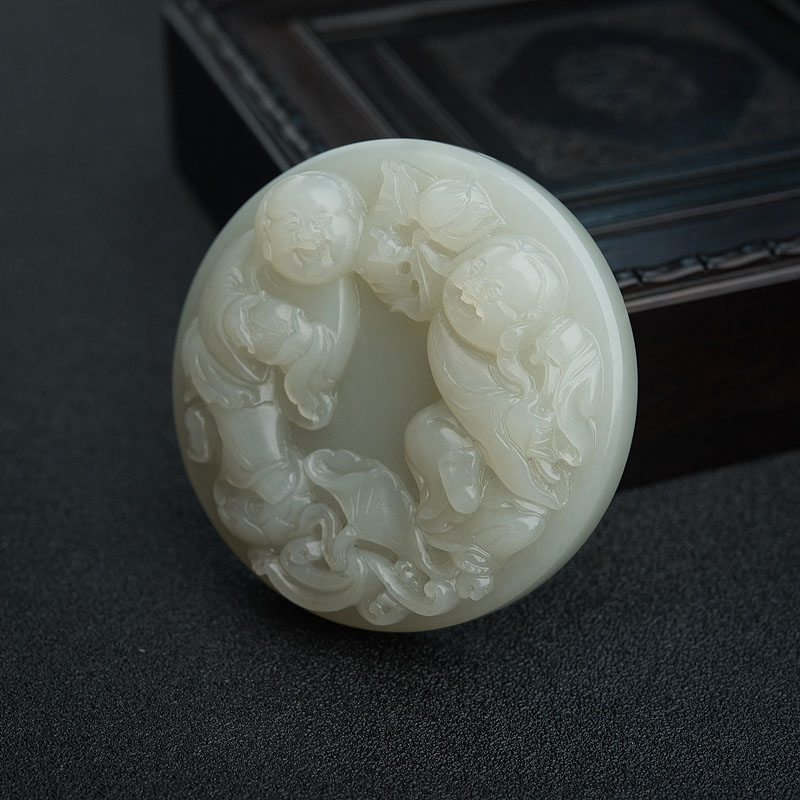 新疆和田青白玉和合二仙吊坠-红掌柜