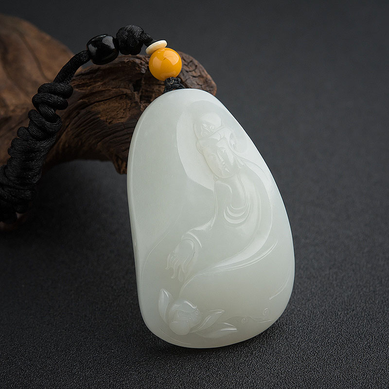 天然和田白玉籽料观音吊坠-红掌柜