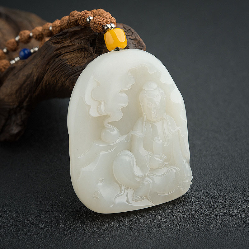 天然和田白玉籽料观音吊坠-红掌柜