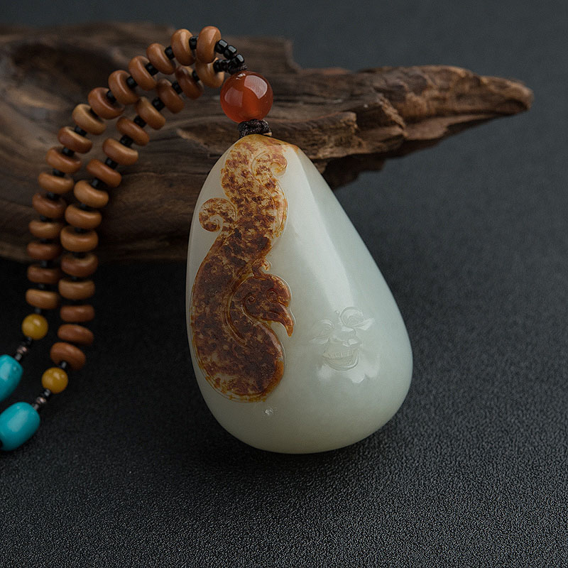 俏色和田玉籽料弥勒佛吊坠-红掌柜