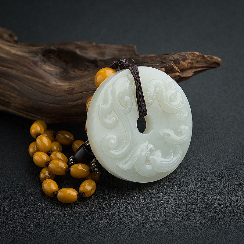 籽料和田青白玉古龙凤平安扣吊坠 - 红掌柜