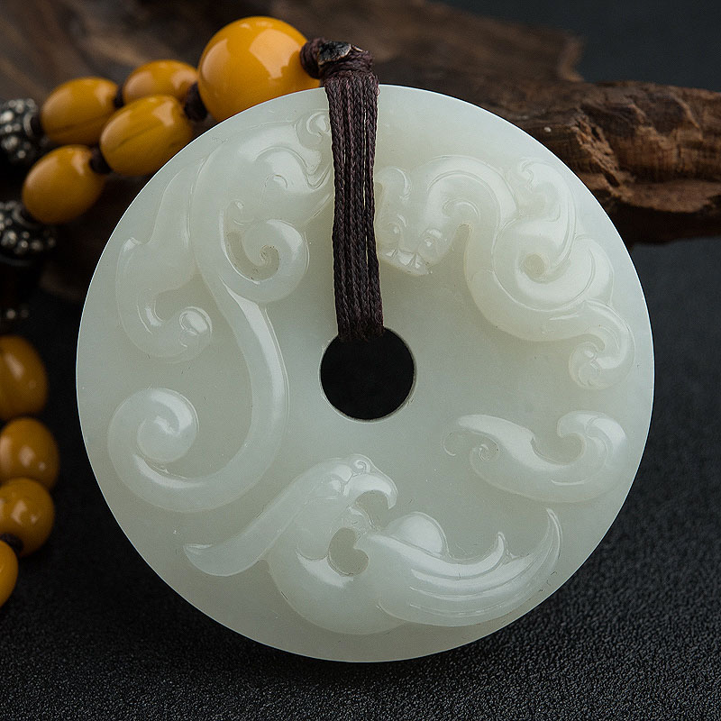 新疆籽料和田玉古龙凤平安扣 - 红掌柜