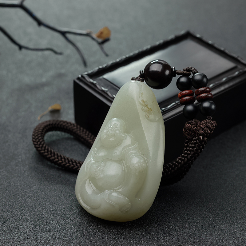 和田青白玉籽料弥勒佛吊坠 - 红掌柜