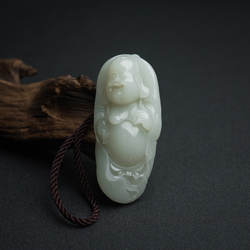 青海山料青白玉弥勒佛手把件-红掌柜