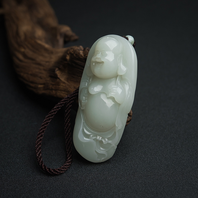山料青白玉弥勒佛手把件-红掌柜