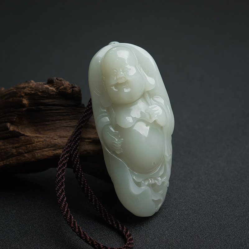 青海青白玉弥勒佛手把件-红掌柜