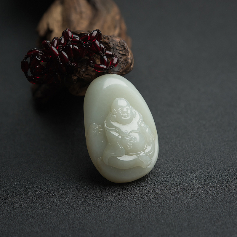籽料和田青白玉弥勒佛吊坠-红掌柜
