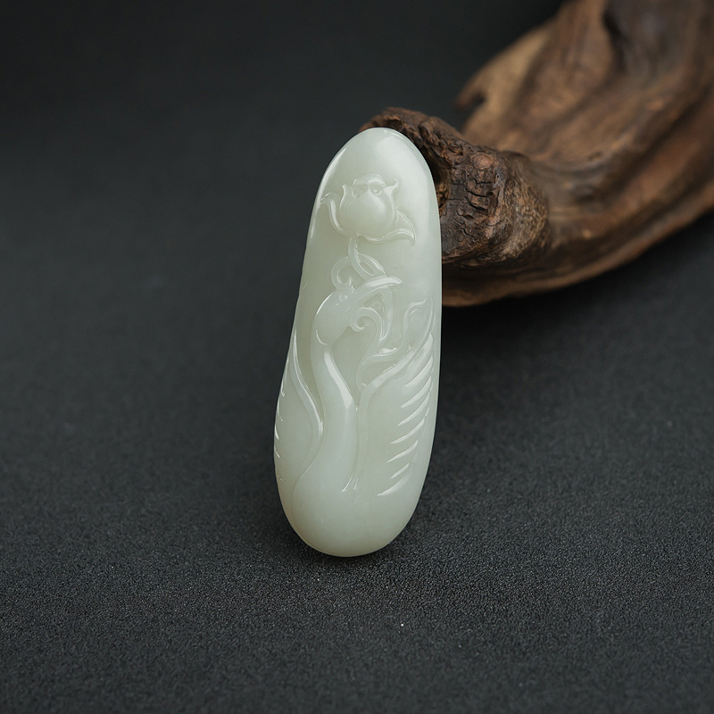 新疆和田青白玉一鹭莲升吊坠-红掌柜