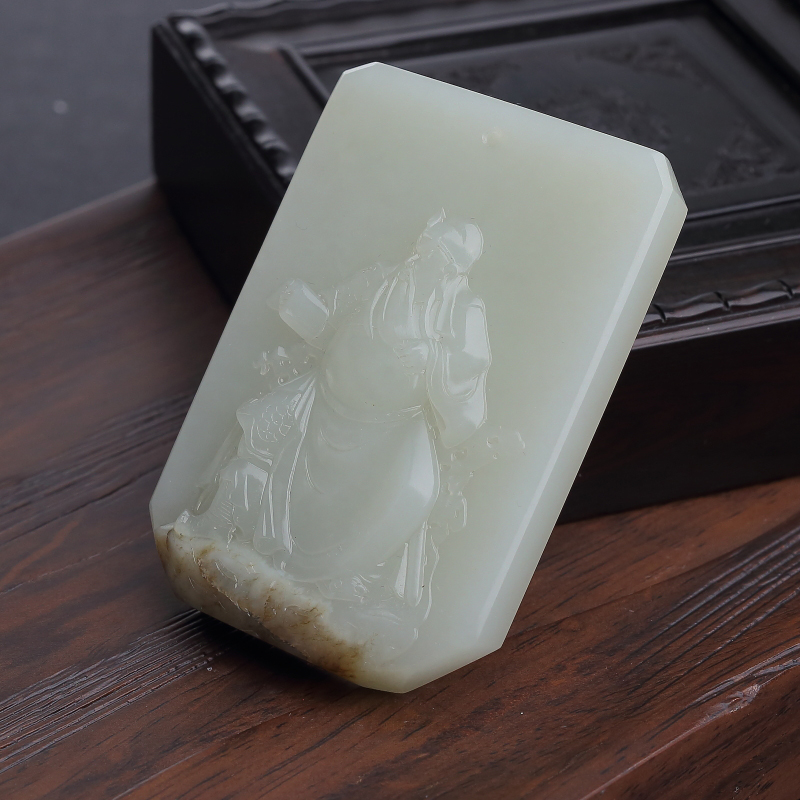 籽料和田青白玉关公吊坠-红掌柜