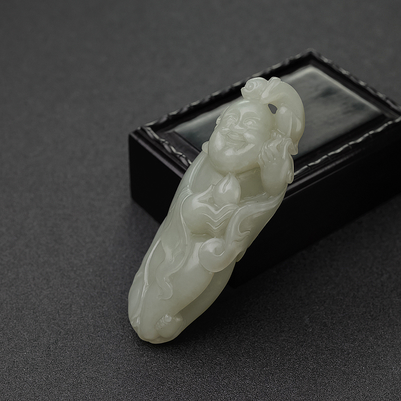 天然籽料和田青白玉佛手把件-红掌柜