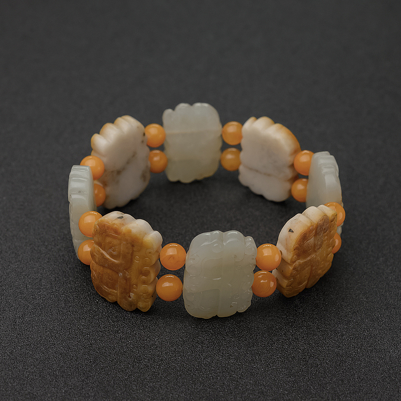 籽料俏色和田玉兽脸单圈手串-红掌柜